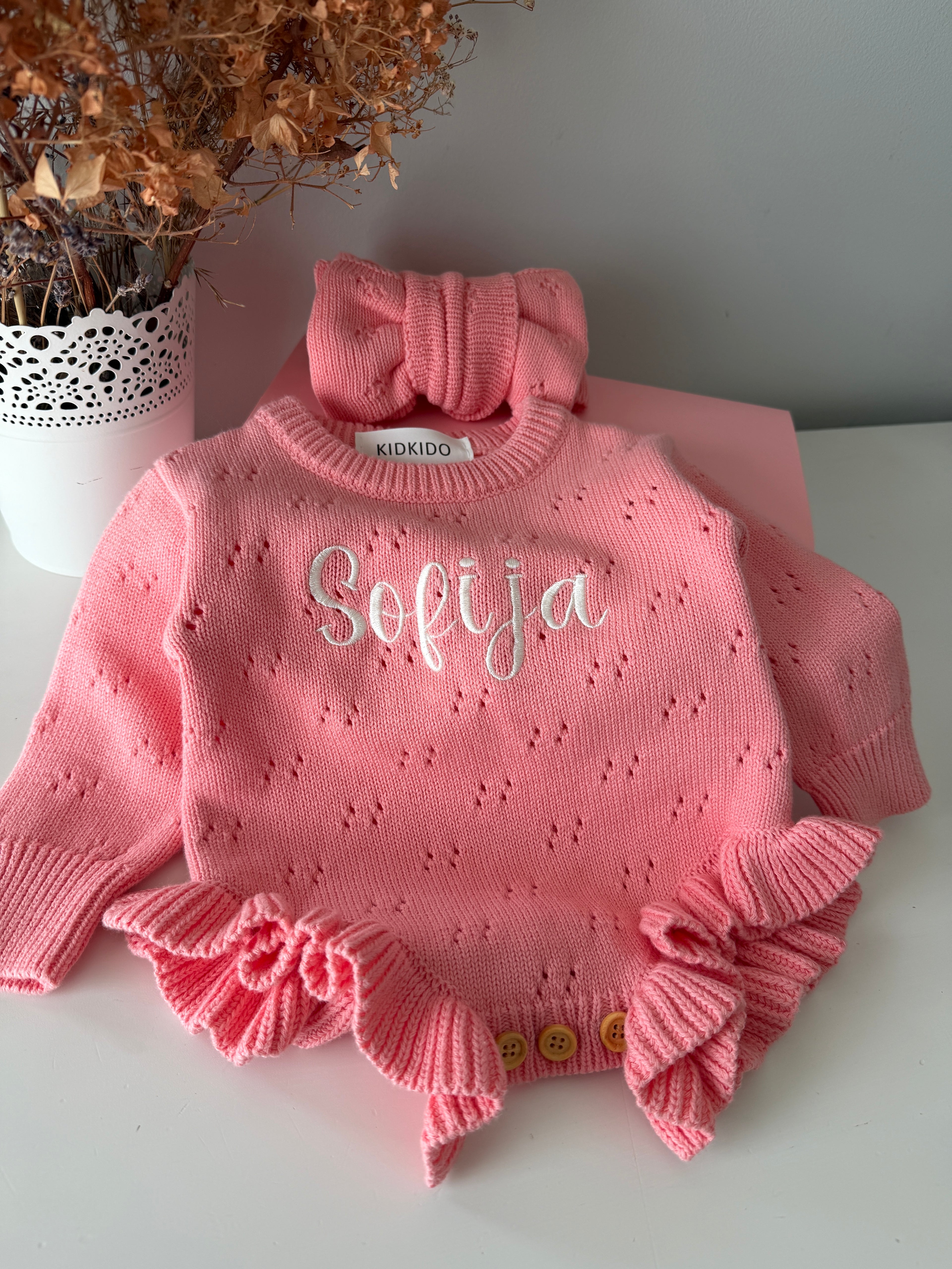 Personalized Knitted Cotton Bodysuit with Headband (Pink)