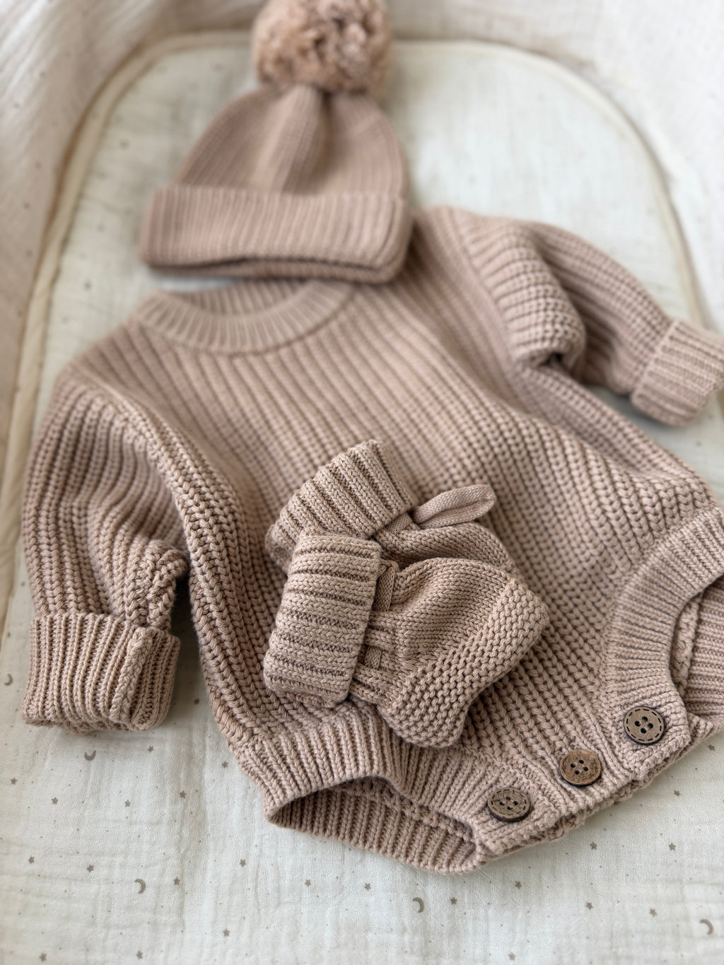 Knitted Cotton Baby Romper Set with Hat & Booties – Warm Taupe