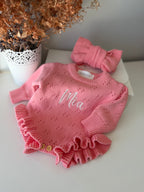 Personalized Knitted Cotton Bodysuit with Headband (Pink)