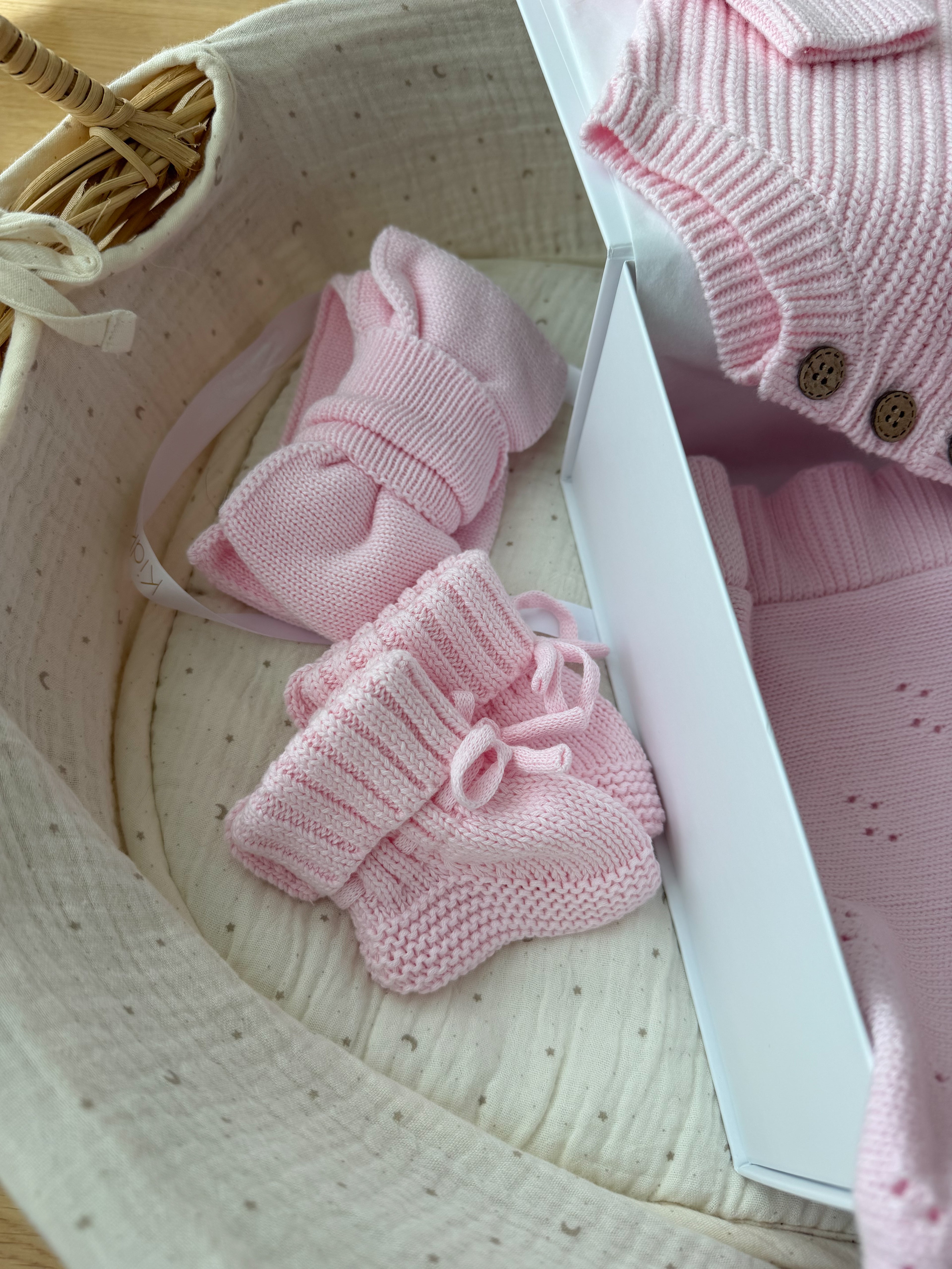 Pink Knitted Baby Gift Set – Romper, Headband & Booties