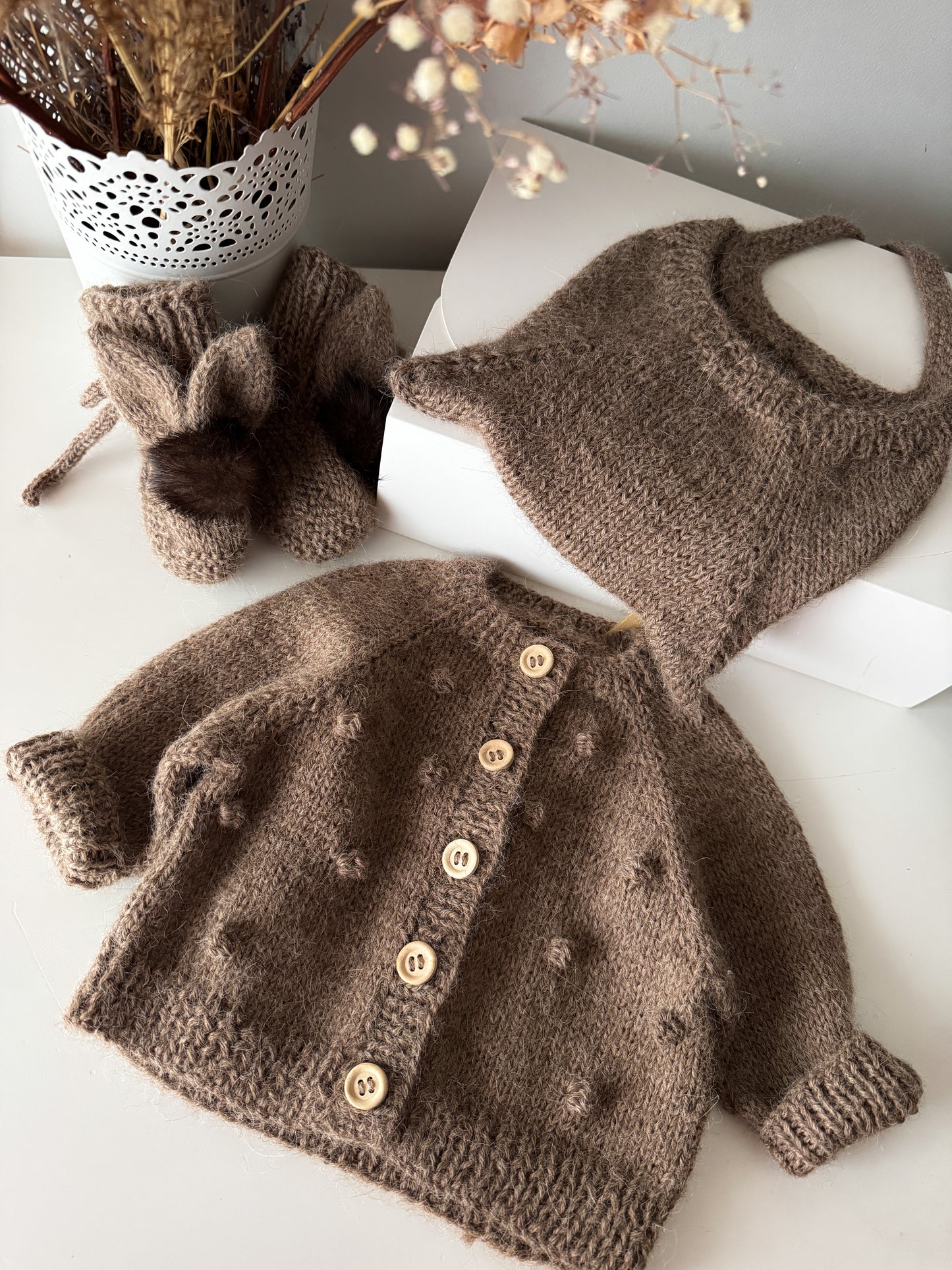 Cardigan + hat + booties