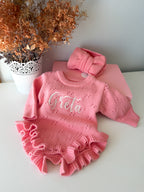 Personalized Knitted Cotton Bodysuit with Headband (Pink)