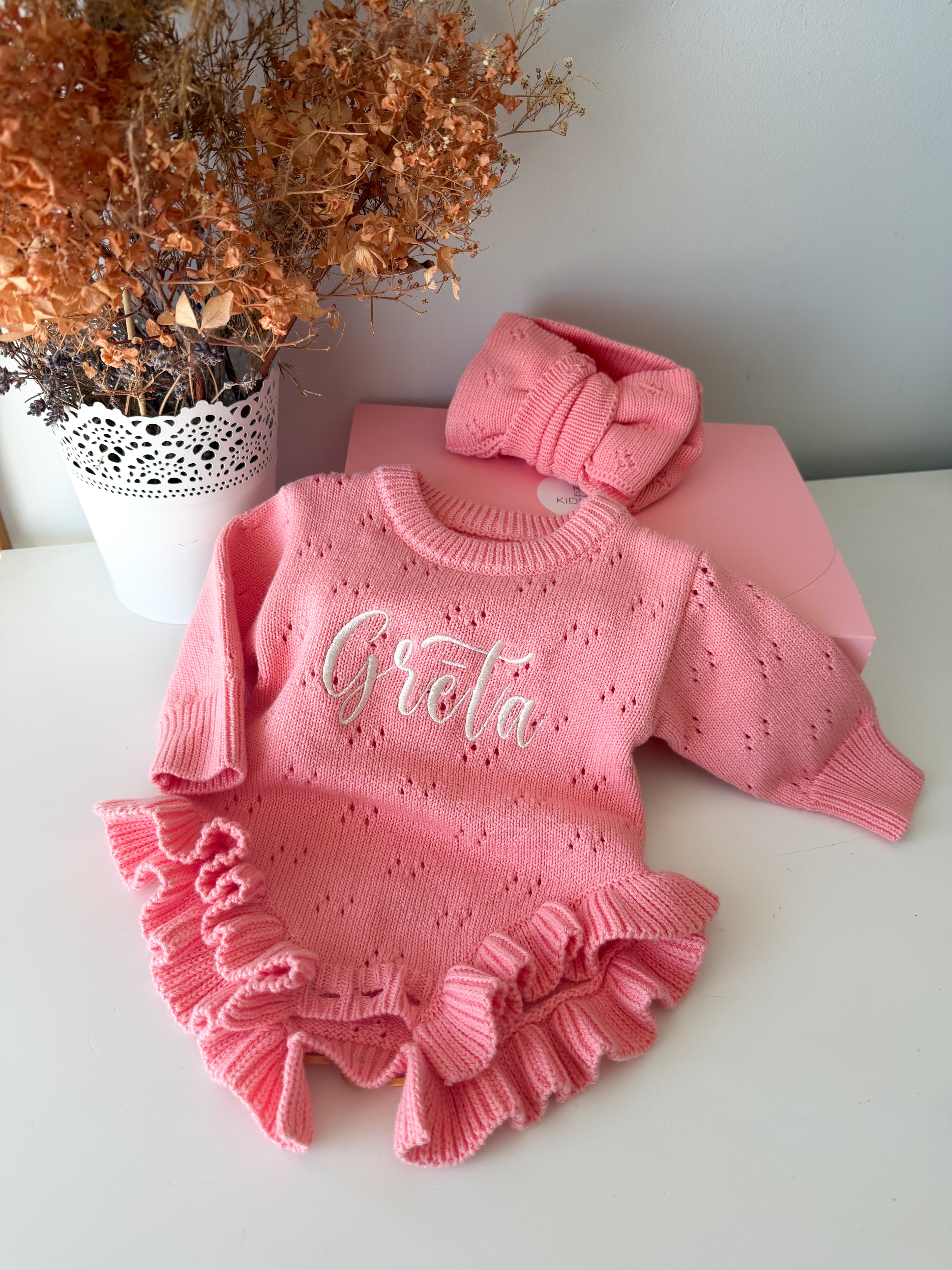 Personalized Knitted Cotton Bodysuit with Headband (Pink)