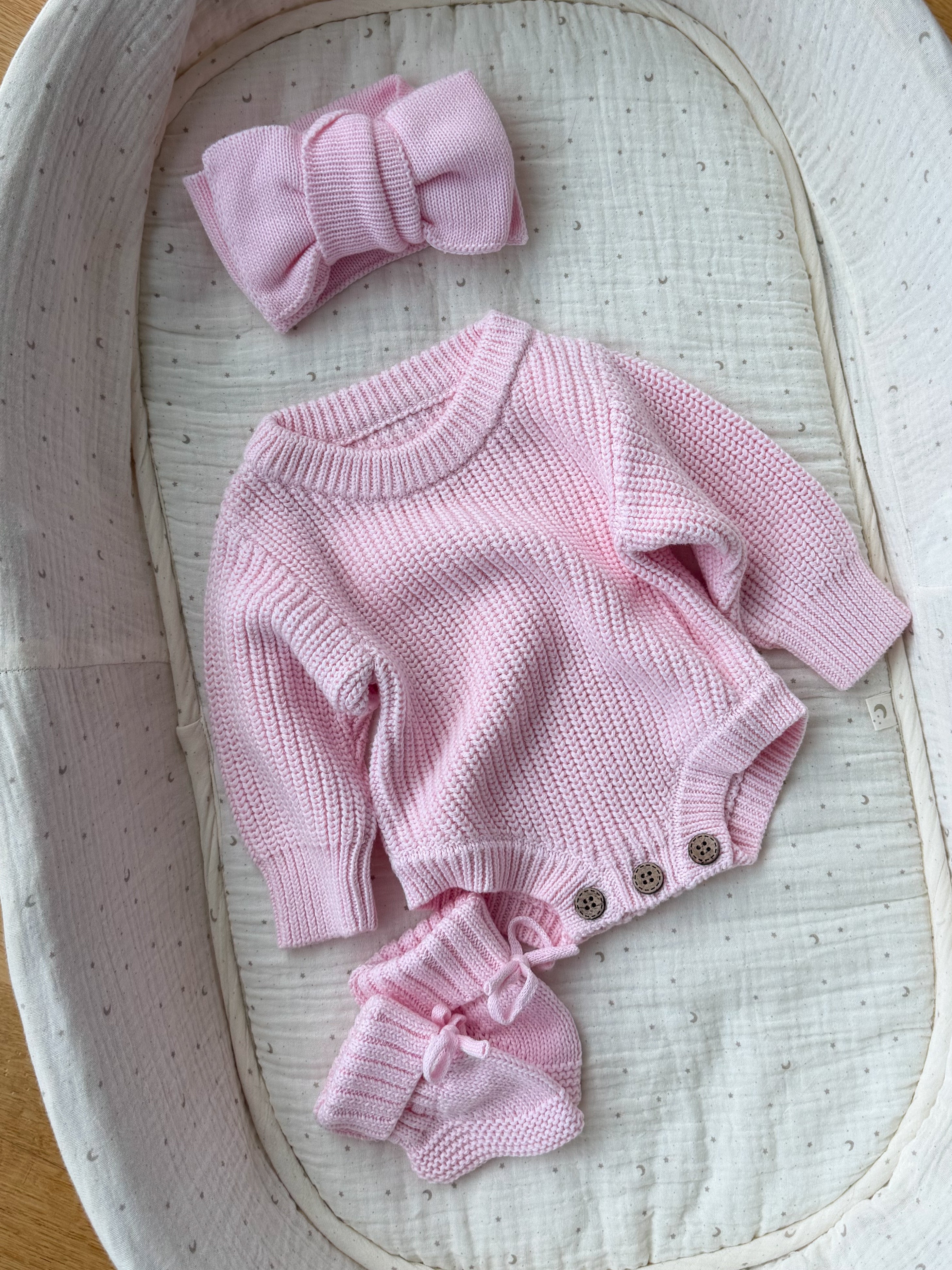 Pink Knitted Baby Gift Set – Romper, Headband & Booties