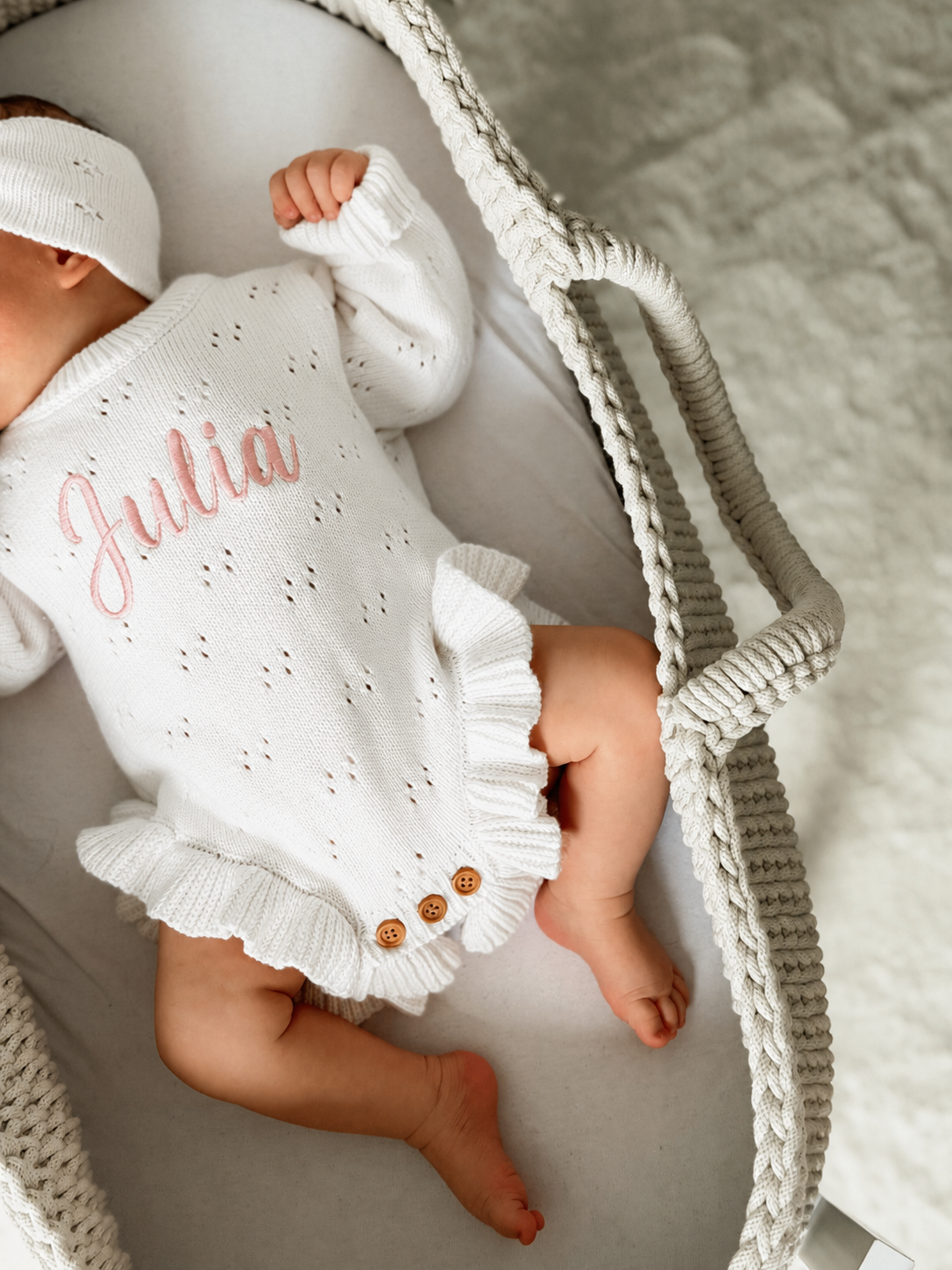 Personalized Knitted Cotton Bodysuit with Headband (white)
