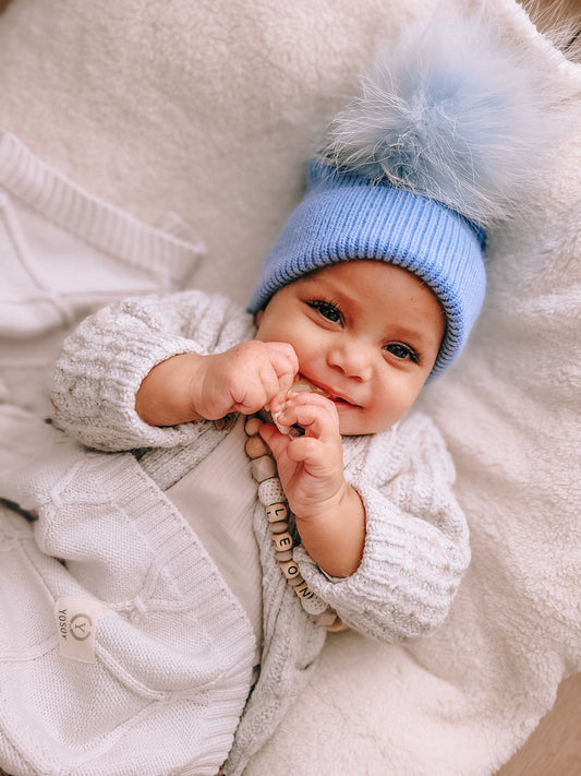 Kids cashmere hat (blue) 1 pom-poms