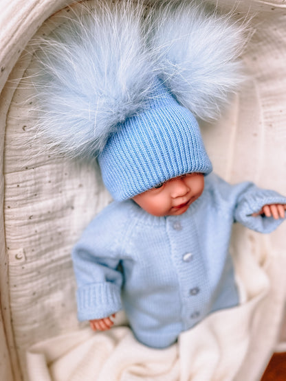 Kids cashmere hat (blue) 2 pom-poms