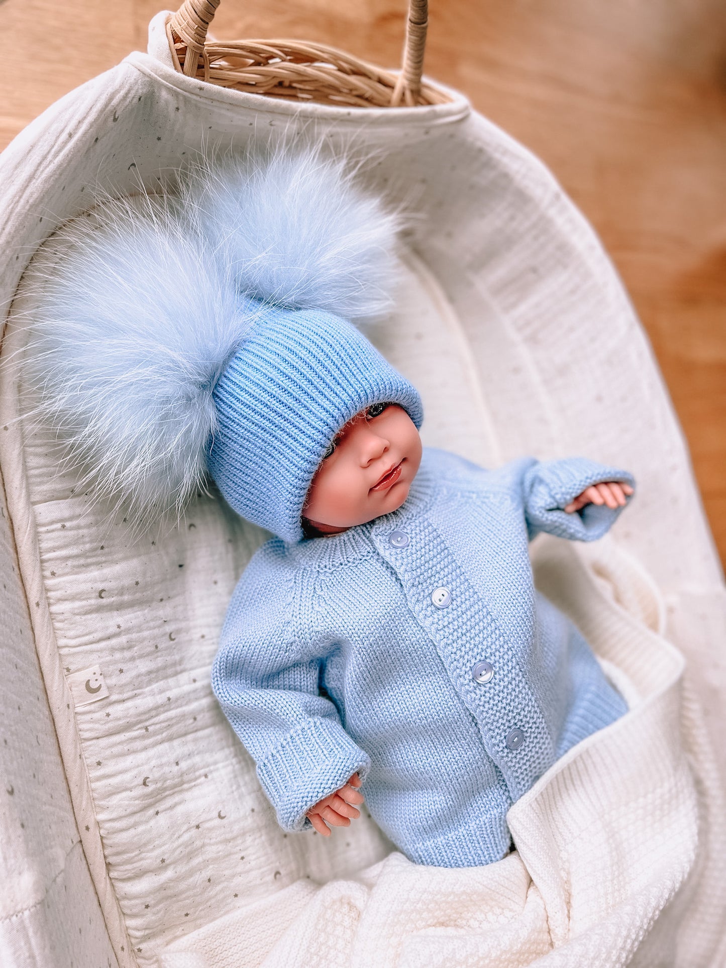 Kids cashmere hat (blue) 2 pom-poms
