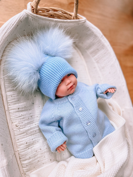 Kids cashmere hat (blue) 2 pom-poms
