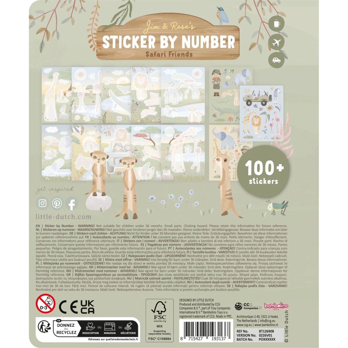 Uzlīmju aktivitāšu grāmata Sticker Booklet by Numbers, Safari Friends Rosa, Little Dutch